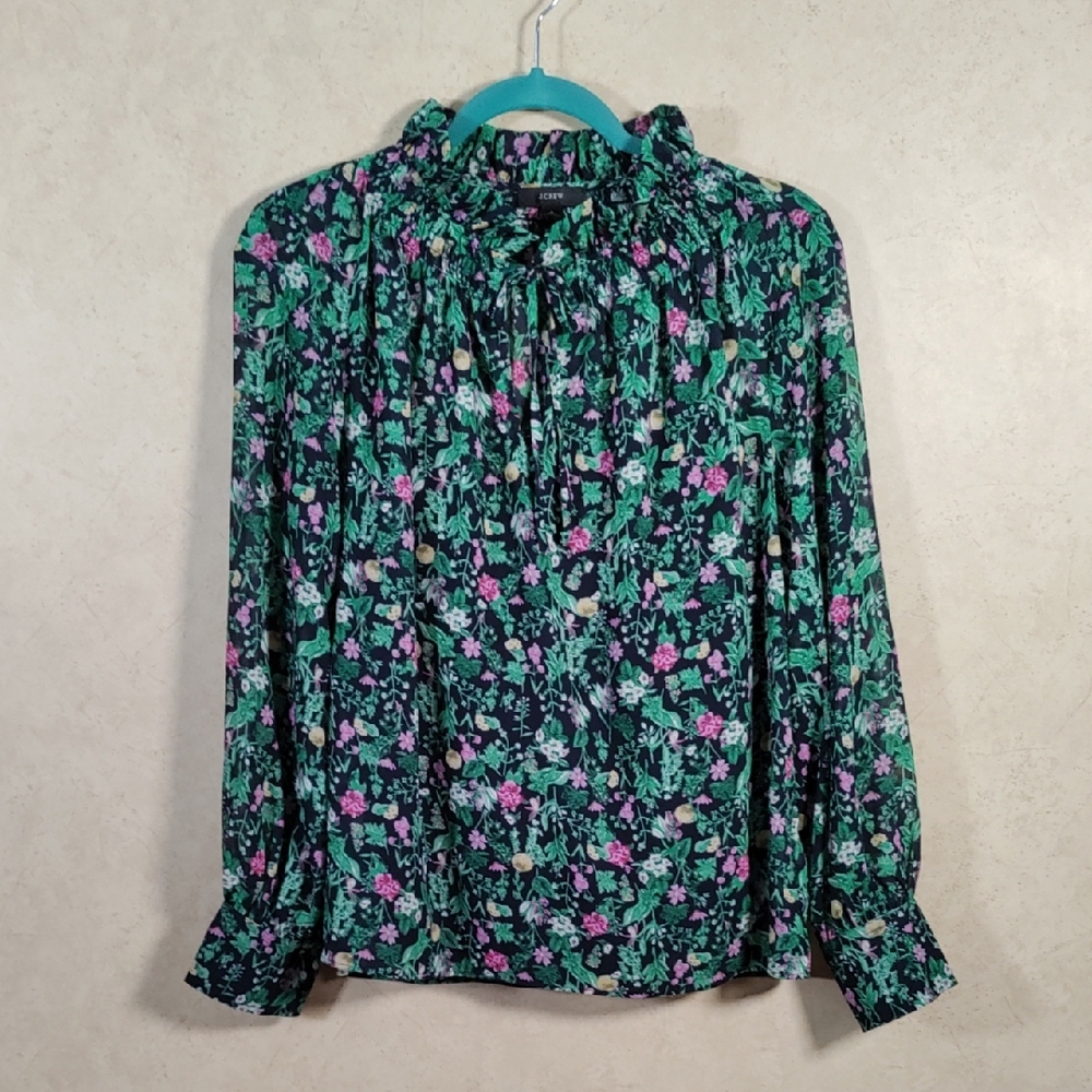 4124 J. Crew navy floral Drapey Tie Neck Ruffle blouse S